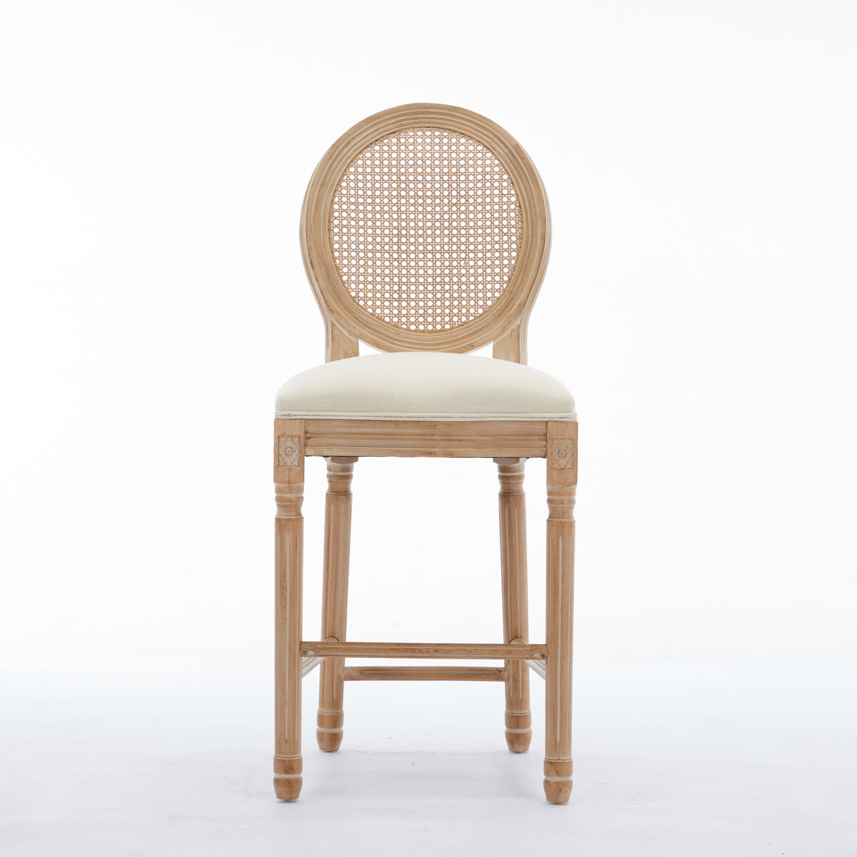 Upholstered Bar Stool with Round Rattan Back, Set of 2