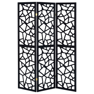 3 Panel Folding Screen With Mosaic Cutout Design - Black