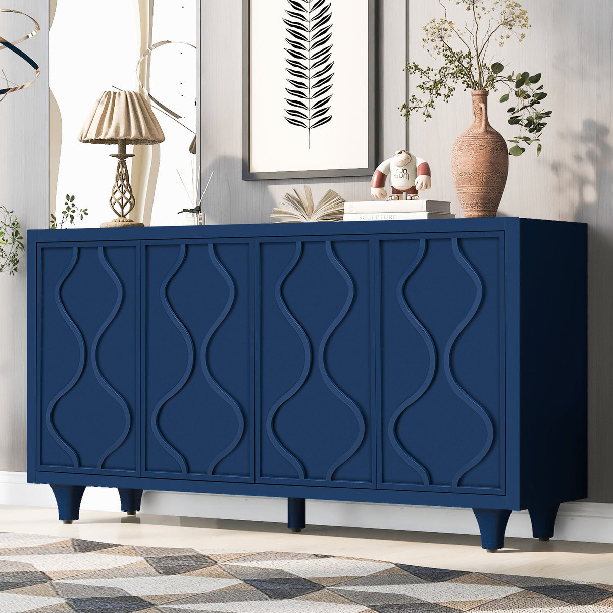Storage Cabinet Sideboard Wooden Cabinet with Embossed Curved Doors