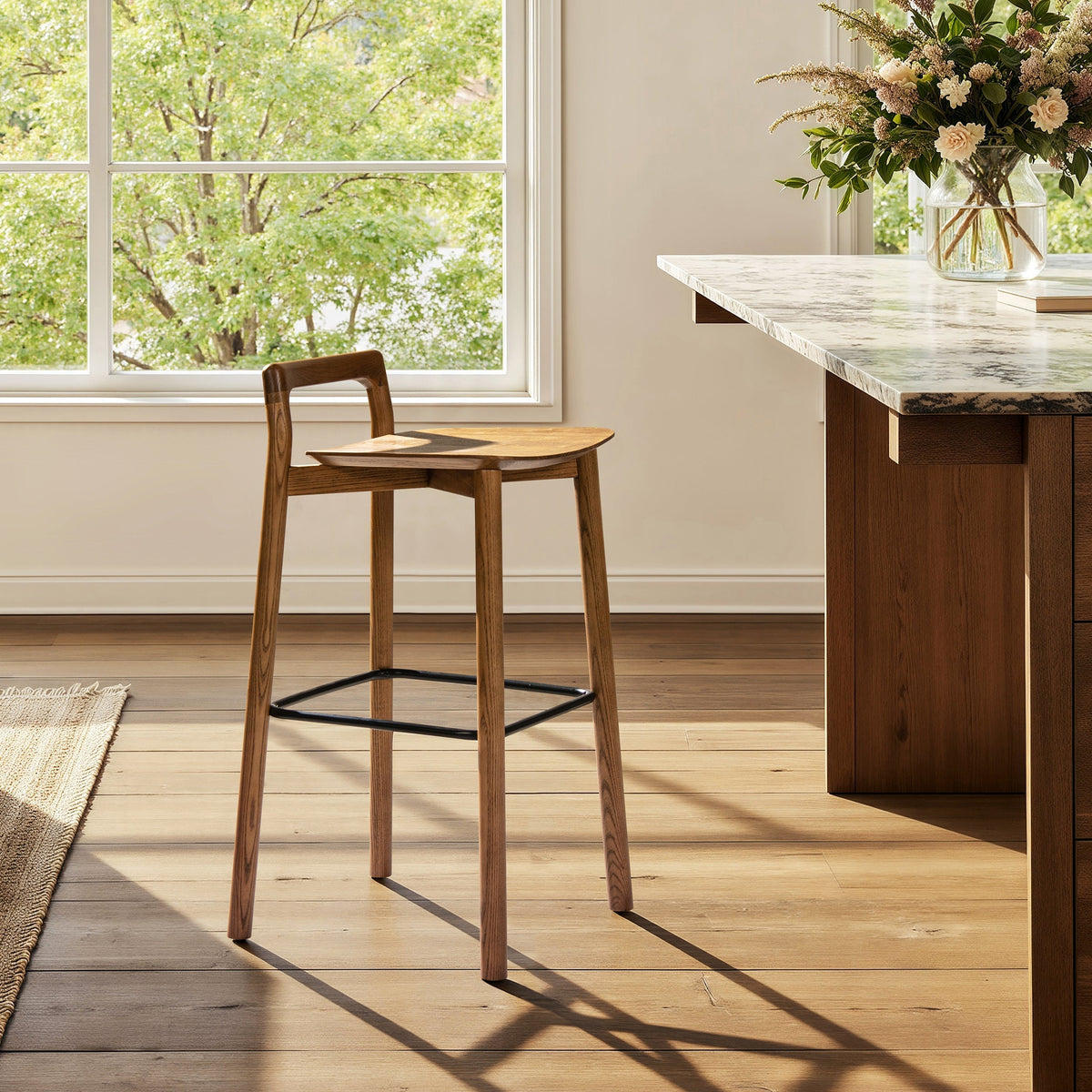 Modern Minimalist Low Back Barstool with Iron Footrest - Walnut