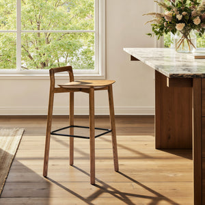 Modern Minimalist Low Back Barstool with Iron Footrest - Walnut
