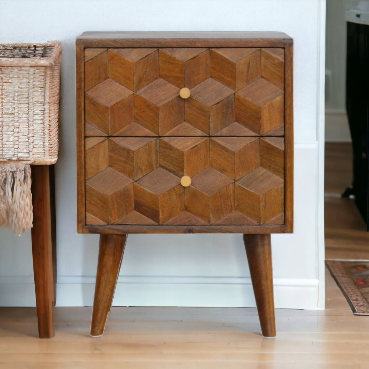 Cube Carved Bedside Table Nightstand - Chestnut