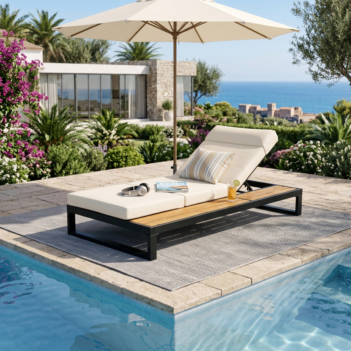 Black Iron & Teak Finish Chaise Lounge Set