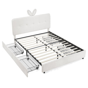 Upholstered Bed With Oversized Rabbit Ear Headboard, LED Lights & 4 Storage Drawers