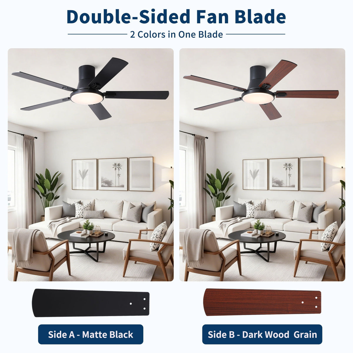Flush Mount Ceiling Fans With LED Light And Remote Control, 5 Blades