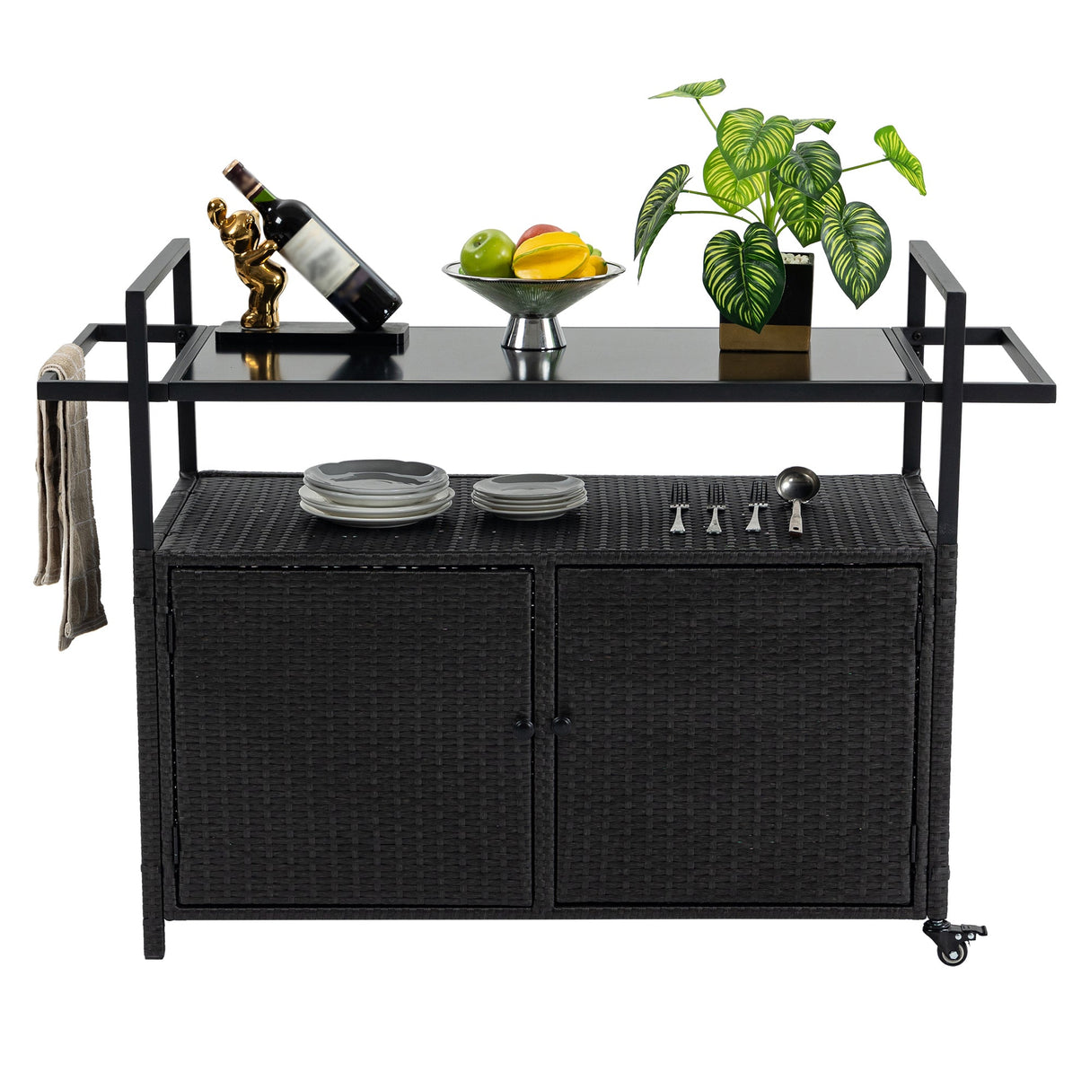 Outdoor Wicker Bar Cart with Glass Top and Wheels
