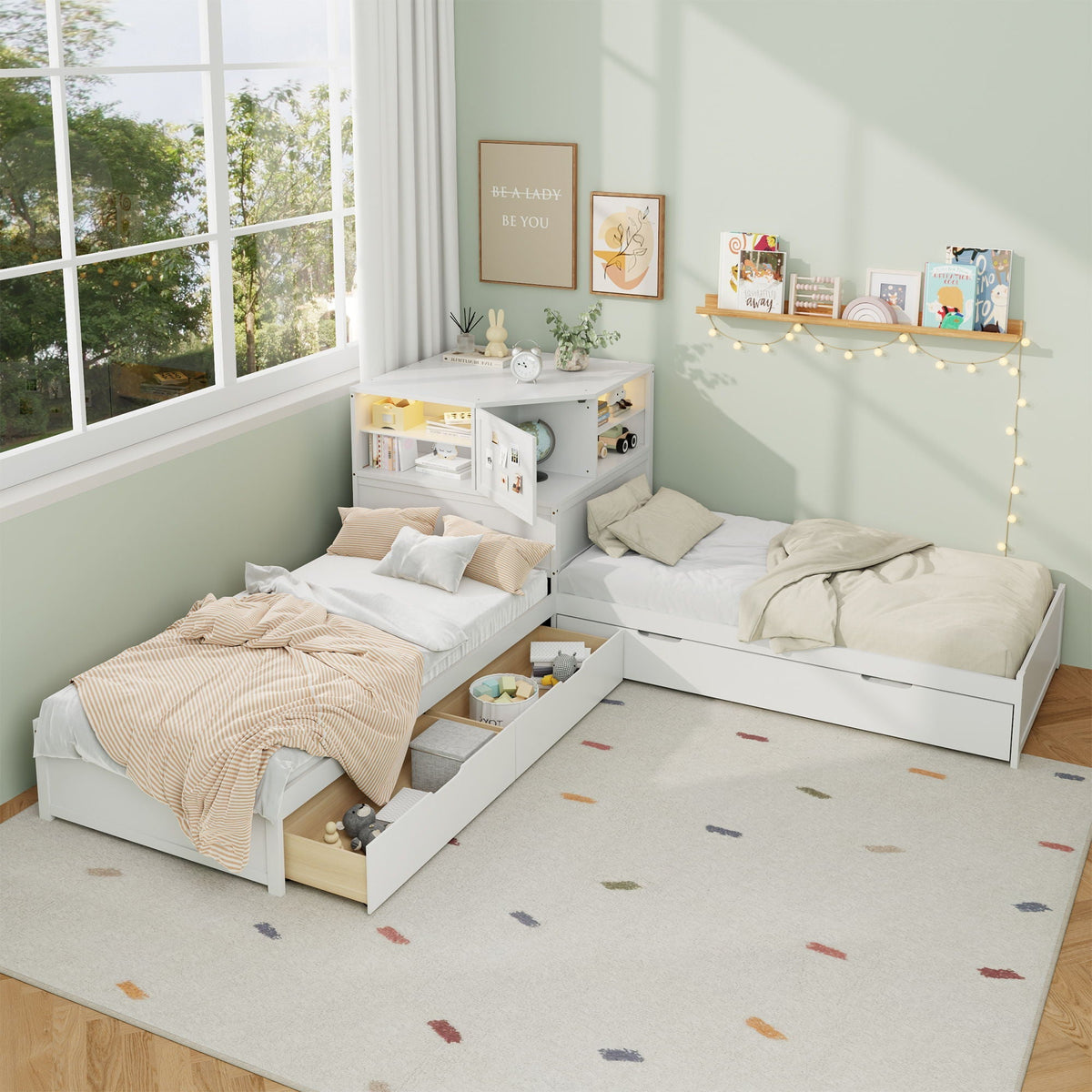 L-Shaped Bed Frame With Trundle, Built In Desk & LED Lighting