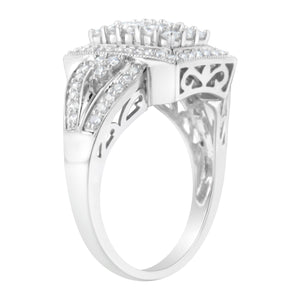 10K White Gold 1.0 Cttw Diamond Rectangular Cushion Shaped Cluster Halo Flared Band Cocktail Fashion Ring (H-I Color, SI2-I1 Clarity) - Size 7