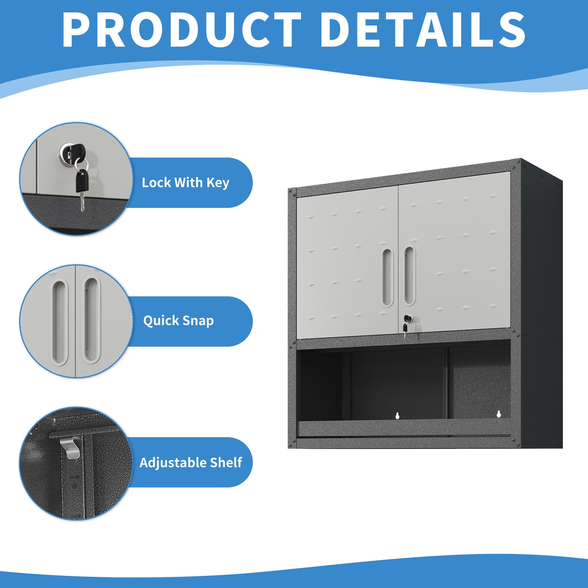 Metal Wall Mounted Tool Storage Cabinet With Locking Door, 1 Shelf & 1 Drawer