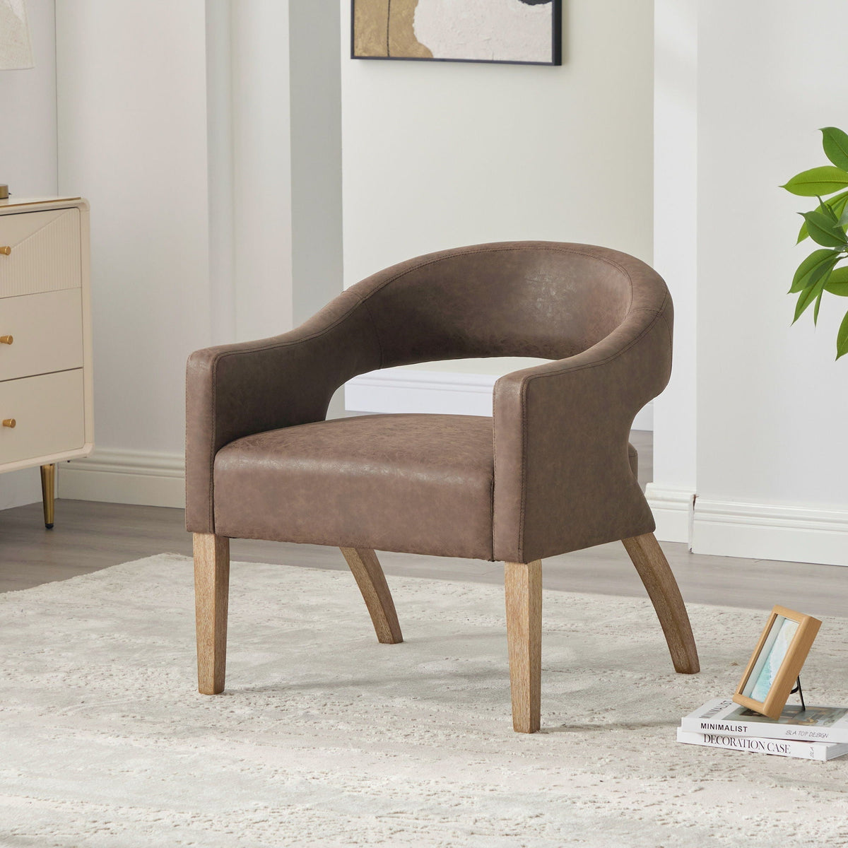 Upholstered Open Back Armchair With Weathered Rubberwood Legs
