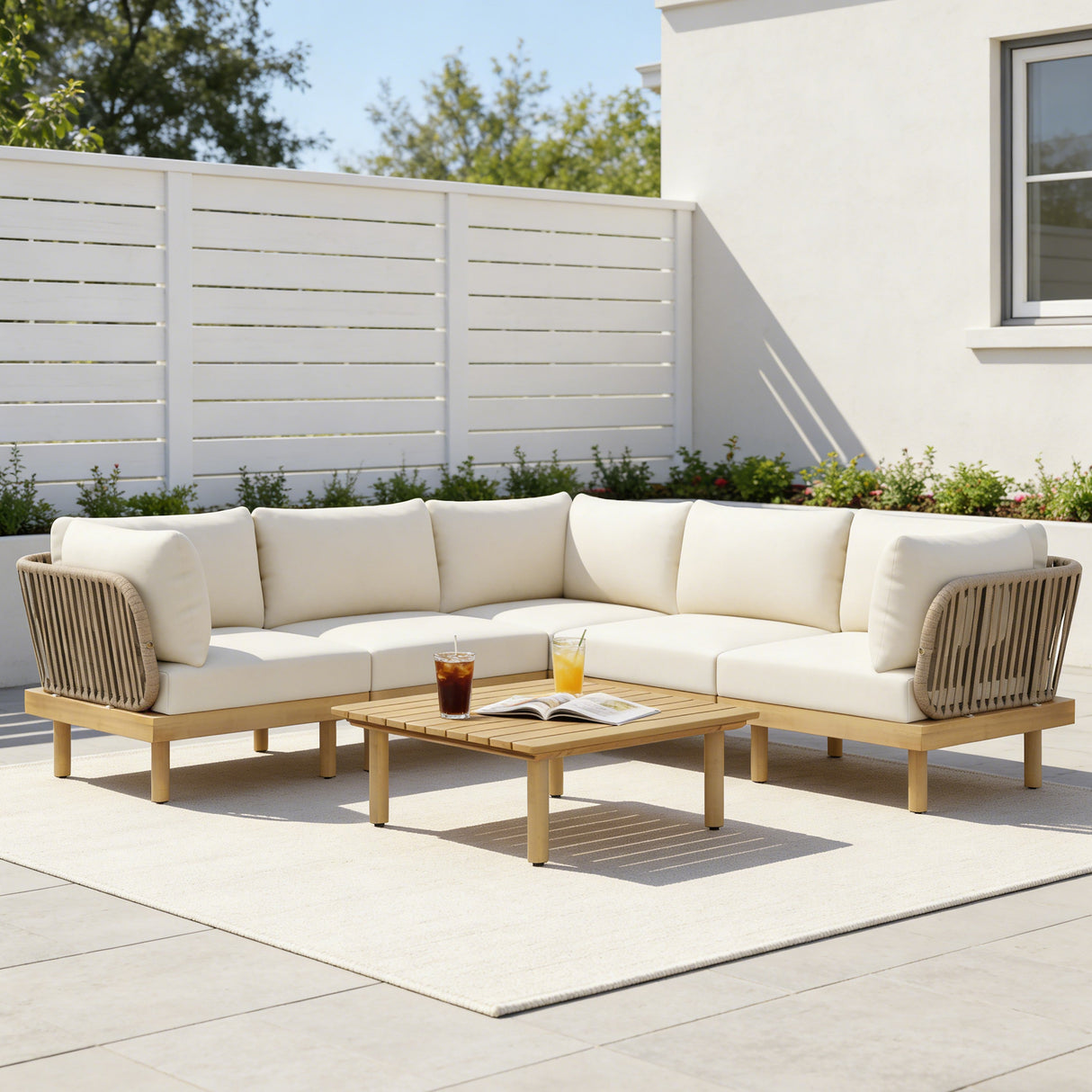 6-Piece Acacia Wood L-Shaped Modular Outdoor Sofa Set with Rope Back & Weather-Resistant Cushions