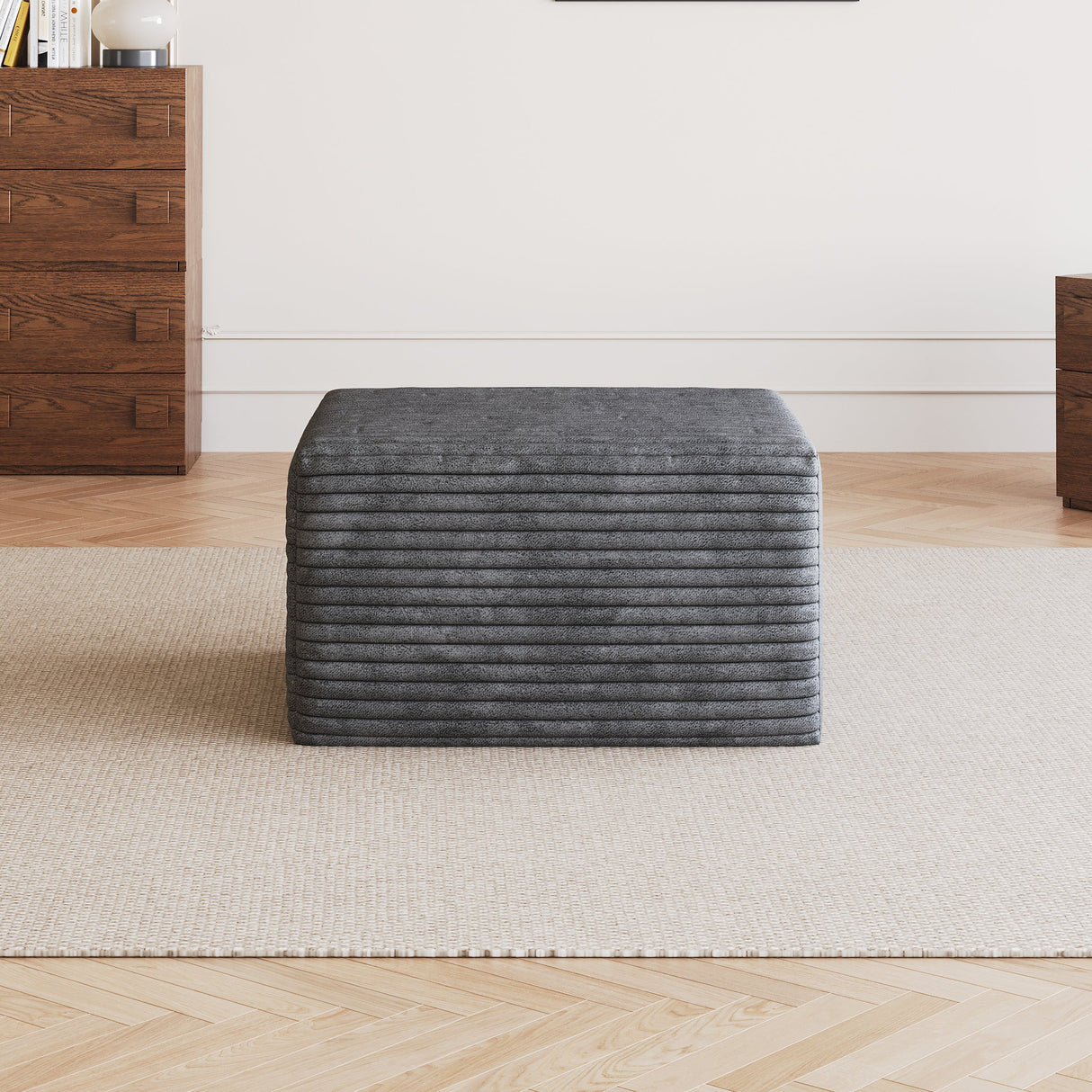 Sofa Ottoman - No Assembly Required - Dark Grey Plush Corduroy Fabric