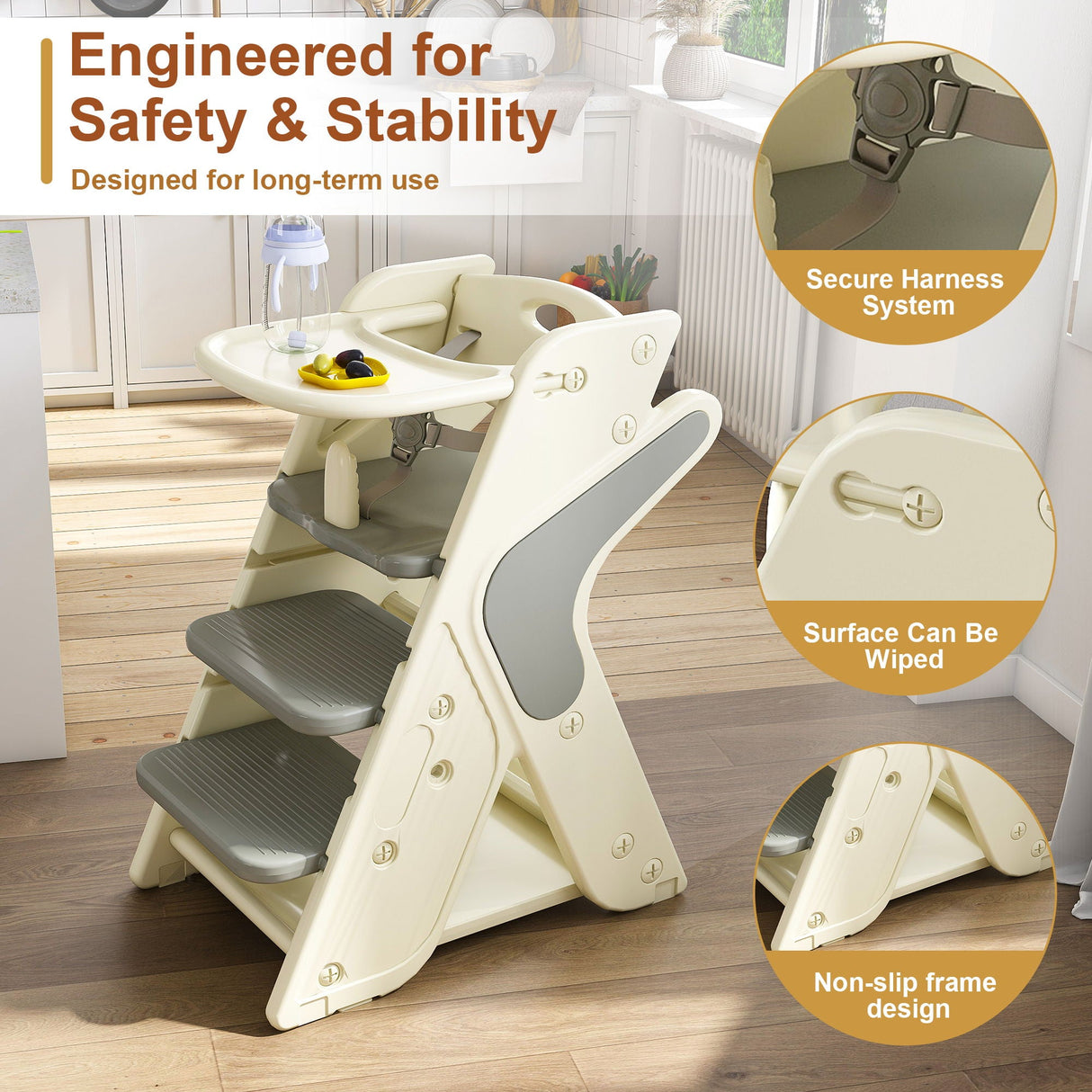 Multifunctional Growing Up Dining Chair With Adjustable Height And 5 Point Seat Belts