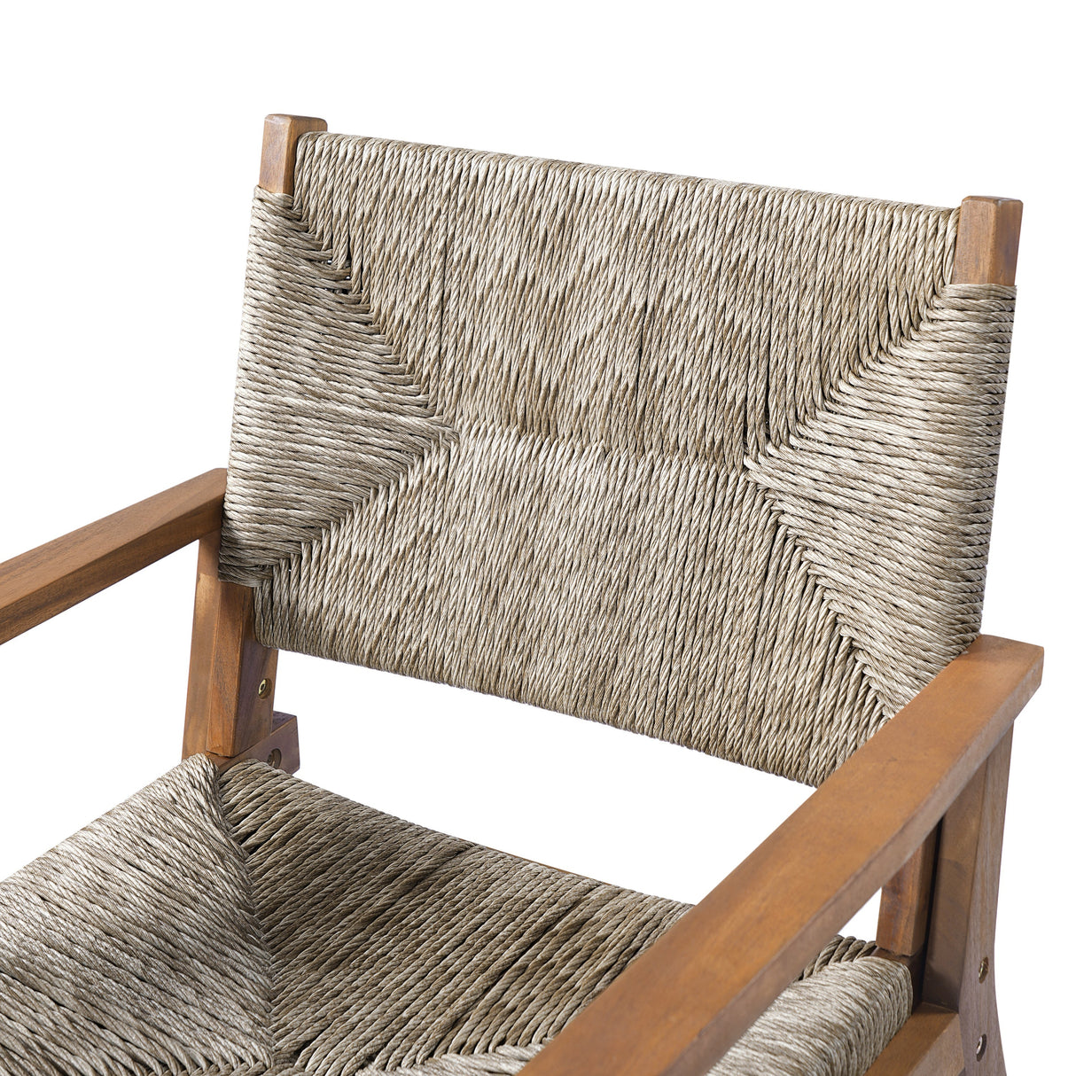 5-Piece Outdoor Dining Set: Brown Round Acacia Wood Table & 4 Brown Wicker Armchairs