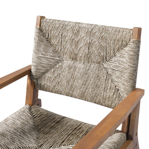 5-Piece Outdoor Dining Set: Brown Round Acacia Wood Table & 4 Brown Wicker Armchairs