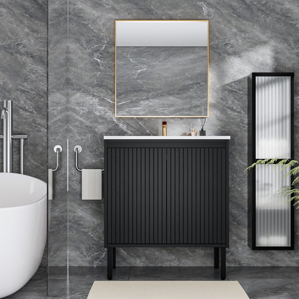 Bathroom Vanity With Ceramic Sink, Floor-Standing Design, Soft-Closing Drawers