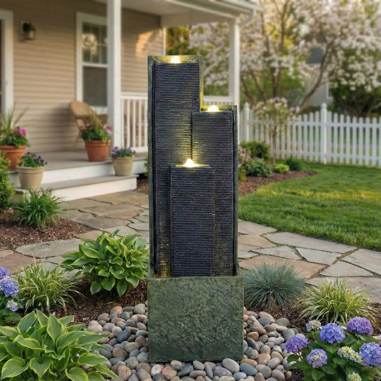 39'' H Outdoor Water Fountain Modern Cascading Freestanding Fountain with LED Lights