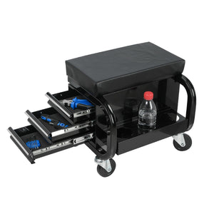 Rolling Creeper Garage Seat with 3 Built-In Drawers - Black