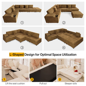 110.2" L-Shaped Sectional Sofa Set with Removable Ottoman in Camel