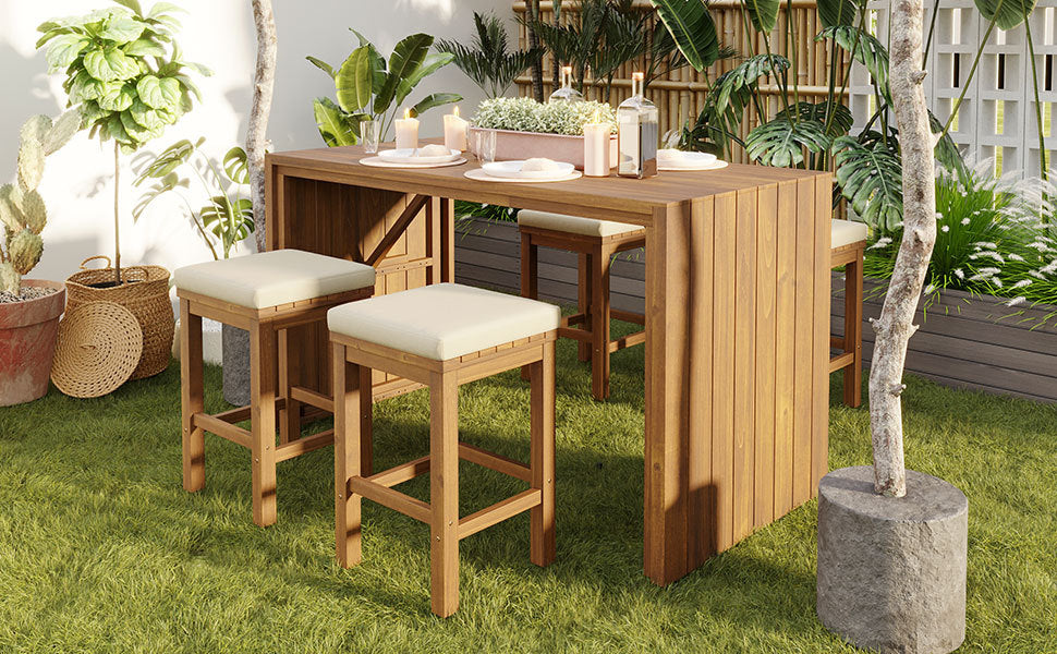 5 Piece Outdoor Bar Set with Acacia Wood Table and Cushioned Stools