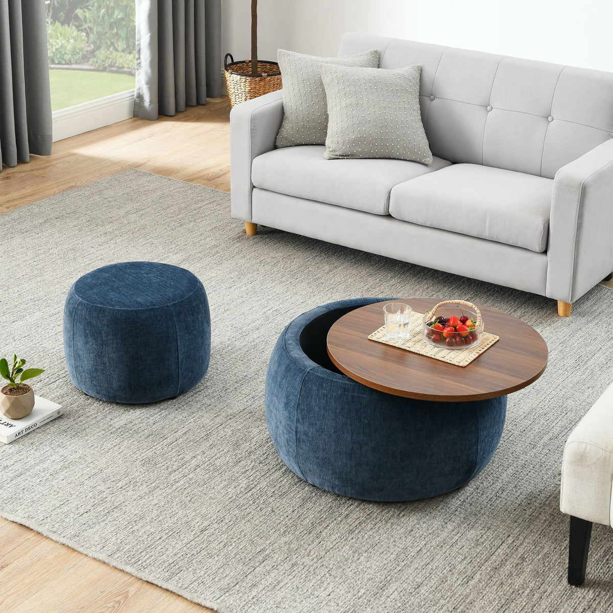 Round Storage Ottoman, 2 In 1 Function, End Table And Ottoman