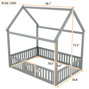 Wood House Bed With Fence And Door