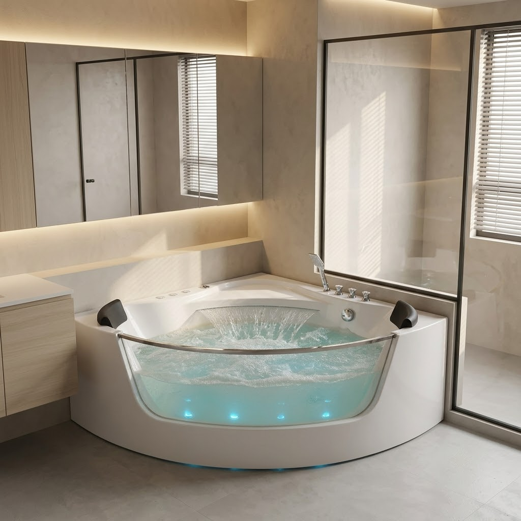 59" Corner Whirlpool Bathtub for 2-Person