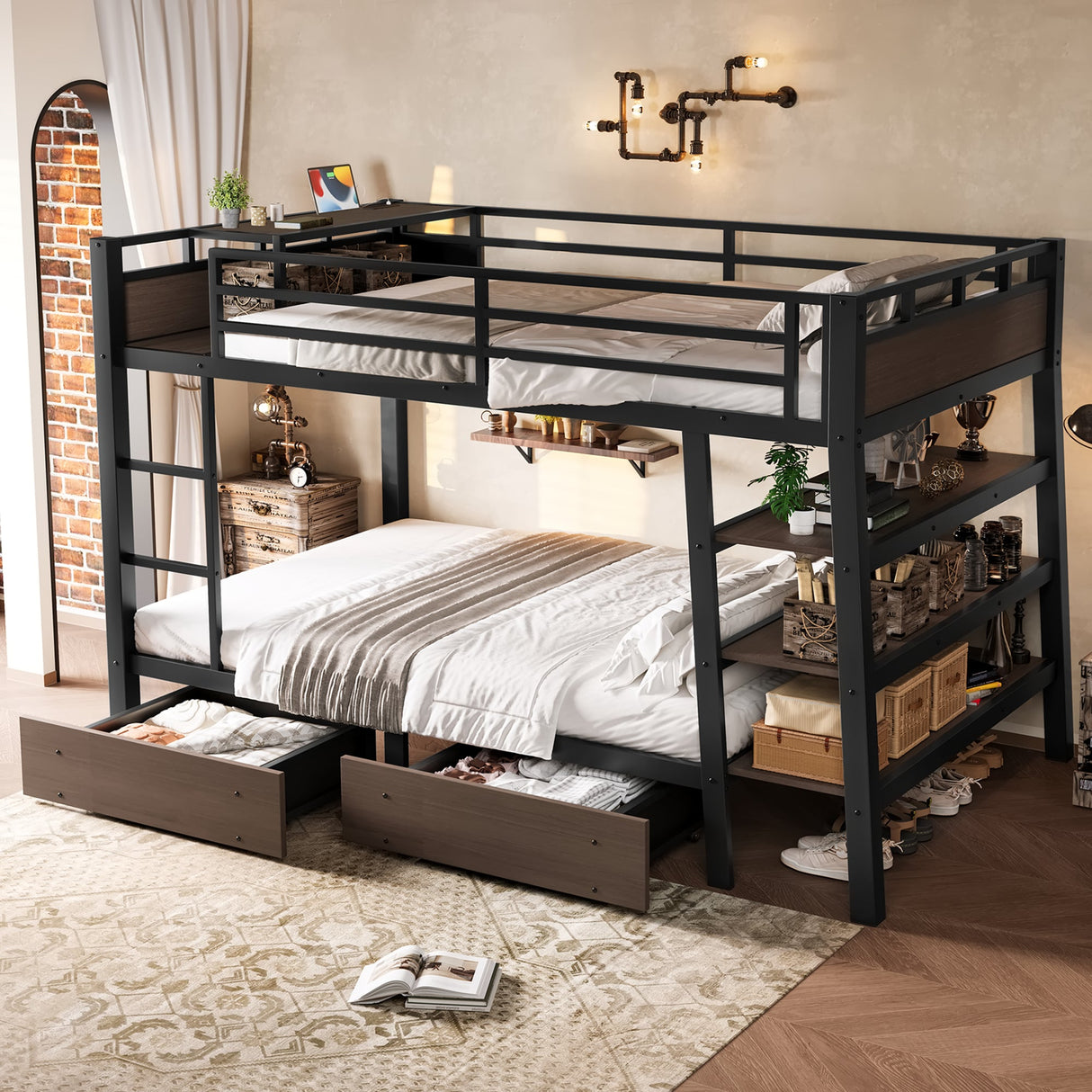 Full Size Metal Bunk Bed with Storage Shelves and USB Power Strip