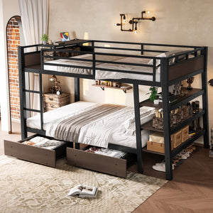 Full Size Metal Bunk Bed with Storage Shelves and USB Power Strip