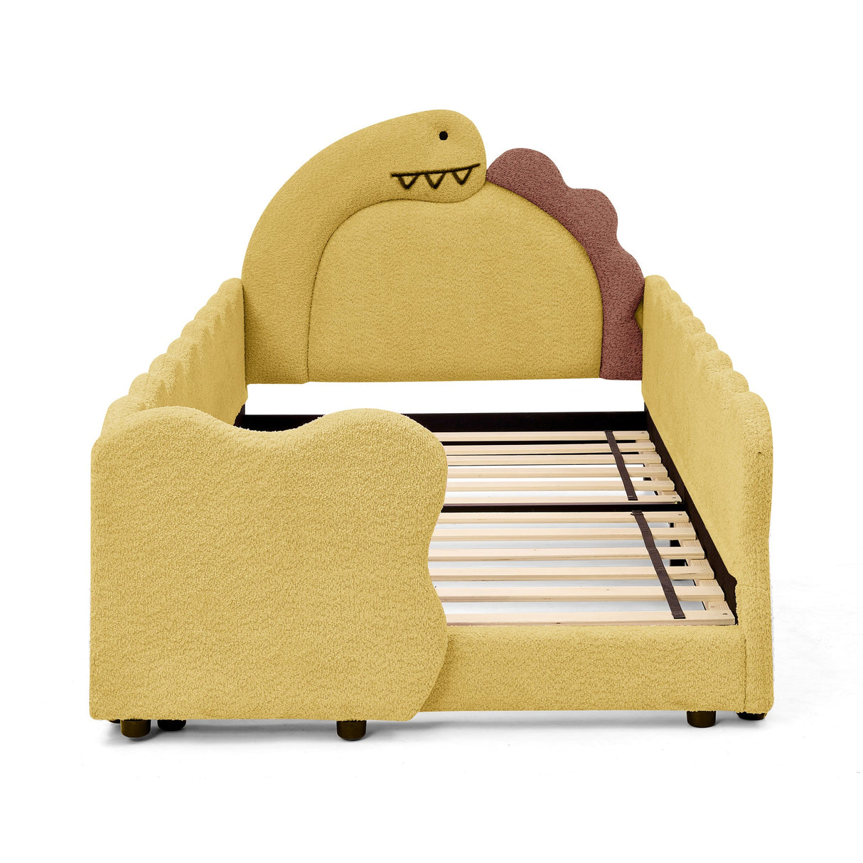Twin Size Cute Dinosaur-Shaped Kids Bed with Safety Guardraild, Solid Wood Toddler Bed Frame for Children for Bedroom, Boucle Fabric