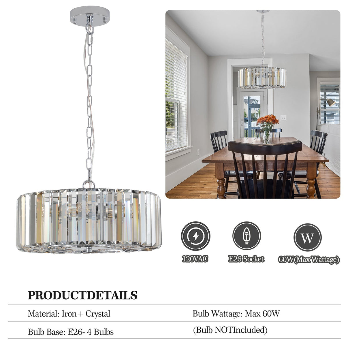 17' Chrome Crystal Pendant Chandelier, Modern Hanging Light Fixture with Adjustable Height, 4-Light E26 Base for Living Room, Dining Room, or Kitchen (No Bulbs)