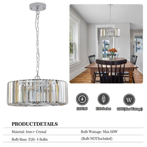 17' Chrome Crystal Pendant Chandelier, Modern Hanging Light Fixture with Adjustable Height, 4-Light E26 Base for Living Room, Dining Room, or Kitchen (No Bulbs)