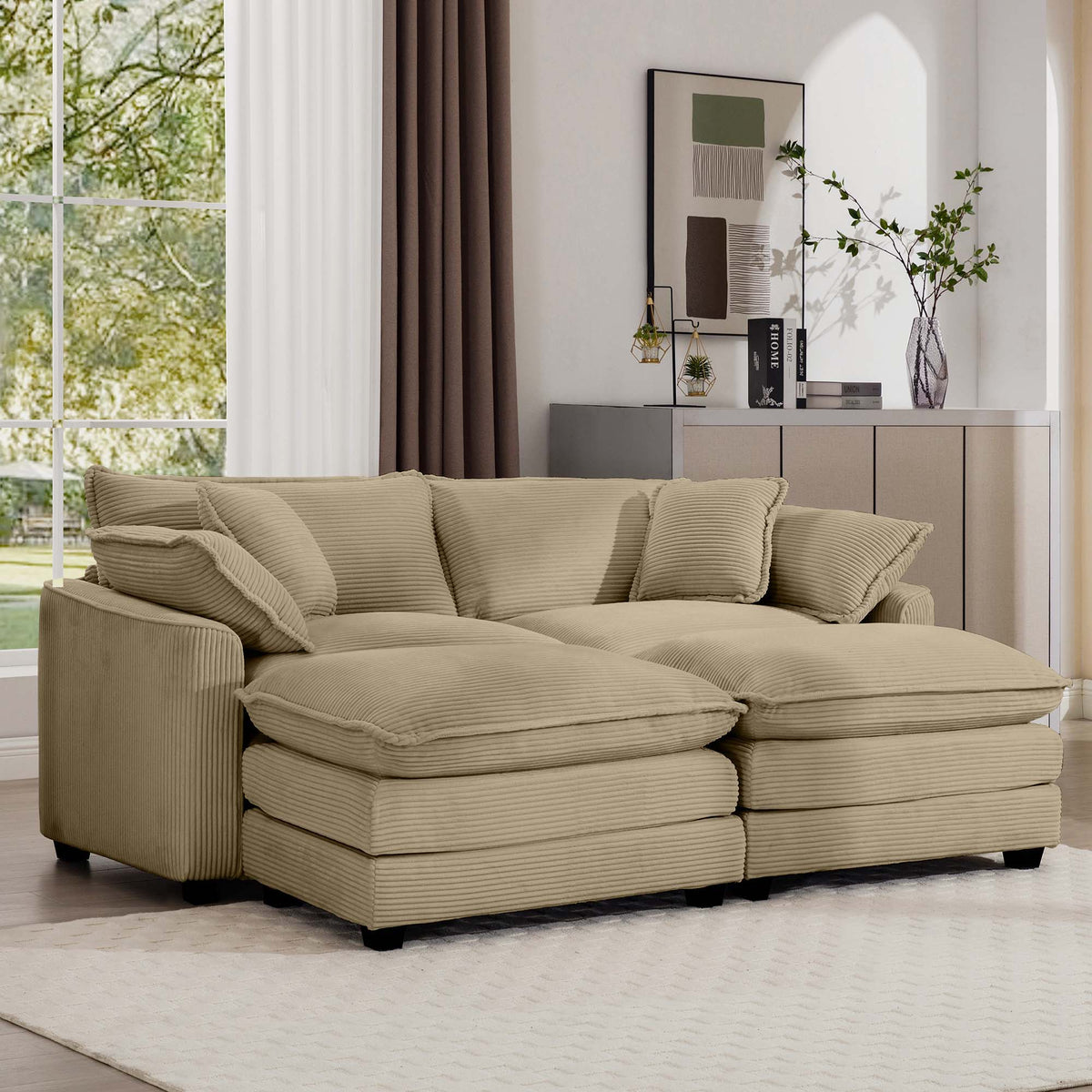 Modern Modular Cushion Sofa Set with Ottoman - Fabric, Multiple Colors
