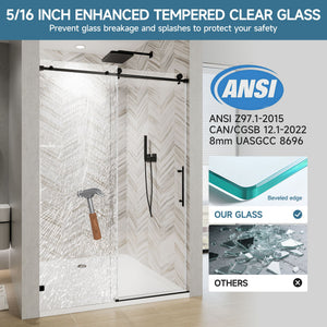 Frameless Single Sliding Soft Close Shower Door, 5 / 16" Clear Nano Coated Tempered Glass And 304 Stainless Steel Handle - Matte Black