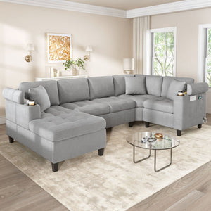 U Shaped Sectional Sofa, Corner Living Room Couch With Built In Cup Holders, Storage, USB Ports