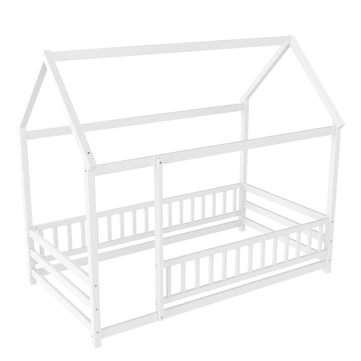Twin Size Floor Wooden Bed with House Roof Frame