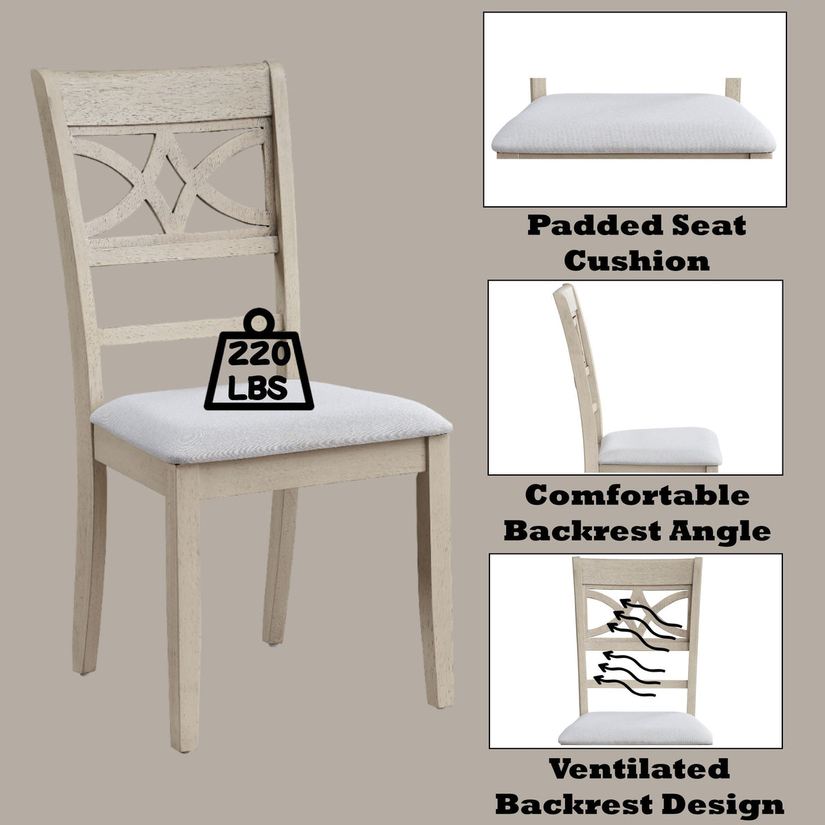 Antique Gray Side Chair Set with Padded Cushion - Set of 2