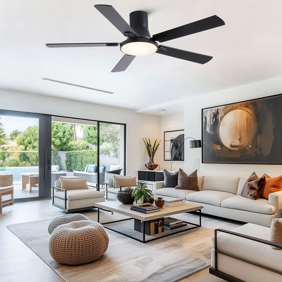 Flush Mount Ceiling Fans With LED Light And Remote Control, 5 Blades
