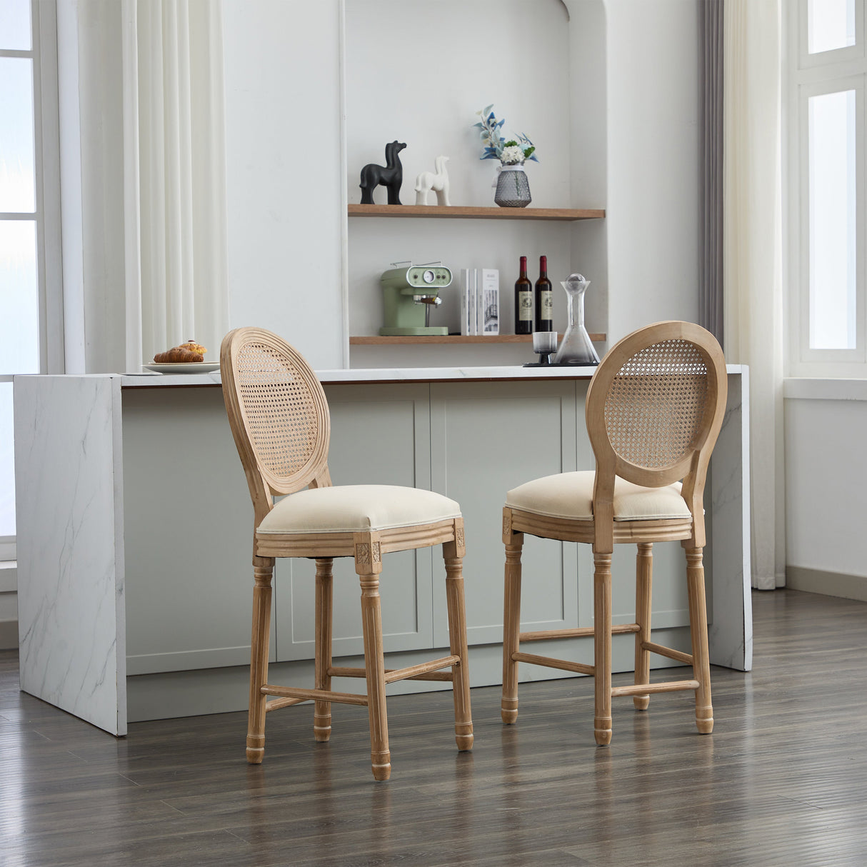 Upholstered Bar Stool with Round Rattan Back, Set of 2