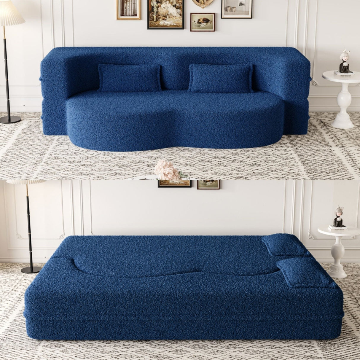 Modern Floor Sofa with 2 Pillows, Convertible Teddy Fabric Foam Filled Bed