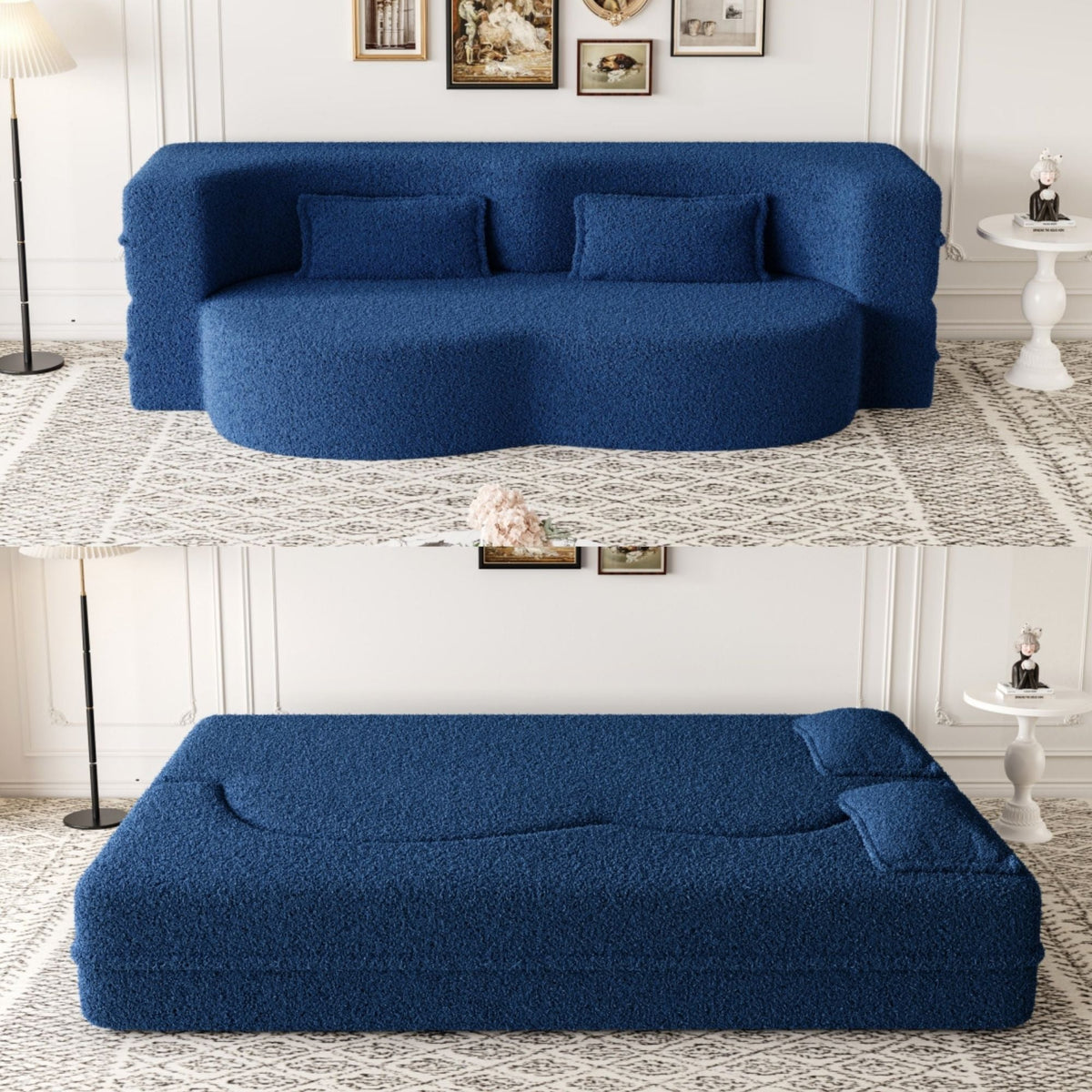 Modern Floor Sofa with 2 Pillows, Convertible Teddy Fabric Foam Filled Bed