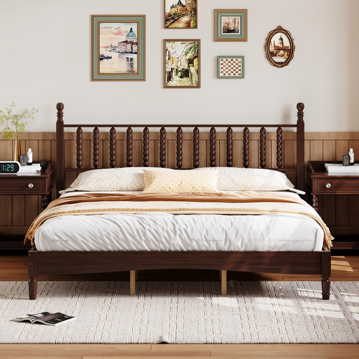 King Size Wood Platform Bed with Gourd Shaped Headboard