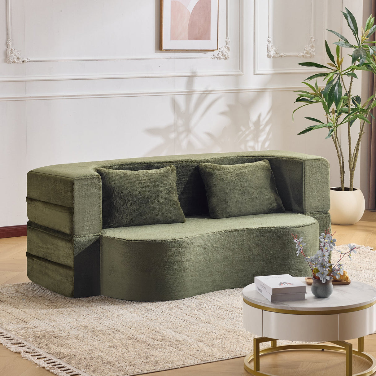 71-Inch Folding Sofa Bed in Green Plush Faux Fur