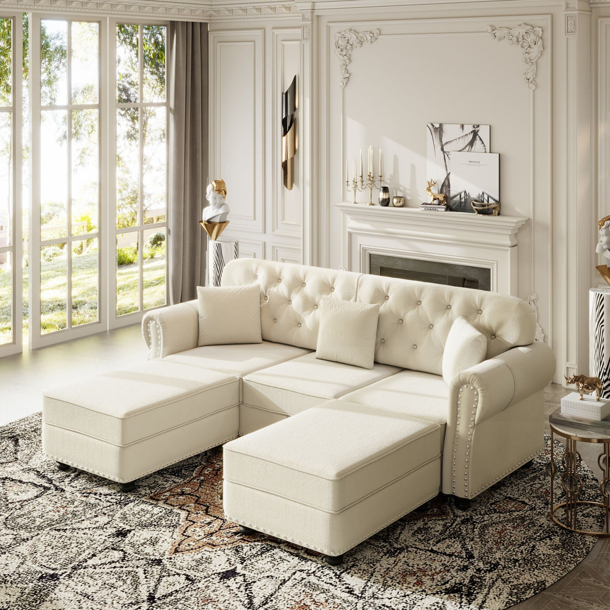 Upholstered Sofa Set With Nailhead Trim and Rolled Armrests, Includes Pillows