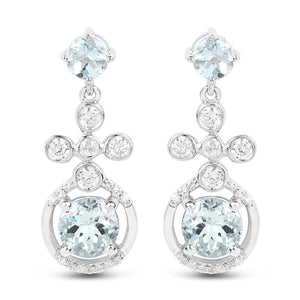 4.42 Carat Genuine Aquamarine and White Zircon .925 Sterling Silver Earrings