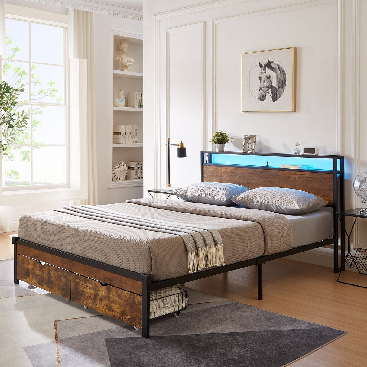 Modern King Size Metal Platform Bed Frame with Wooden Headboard
