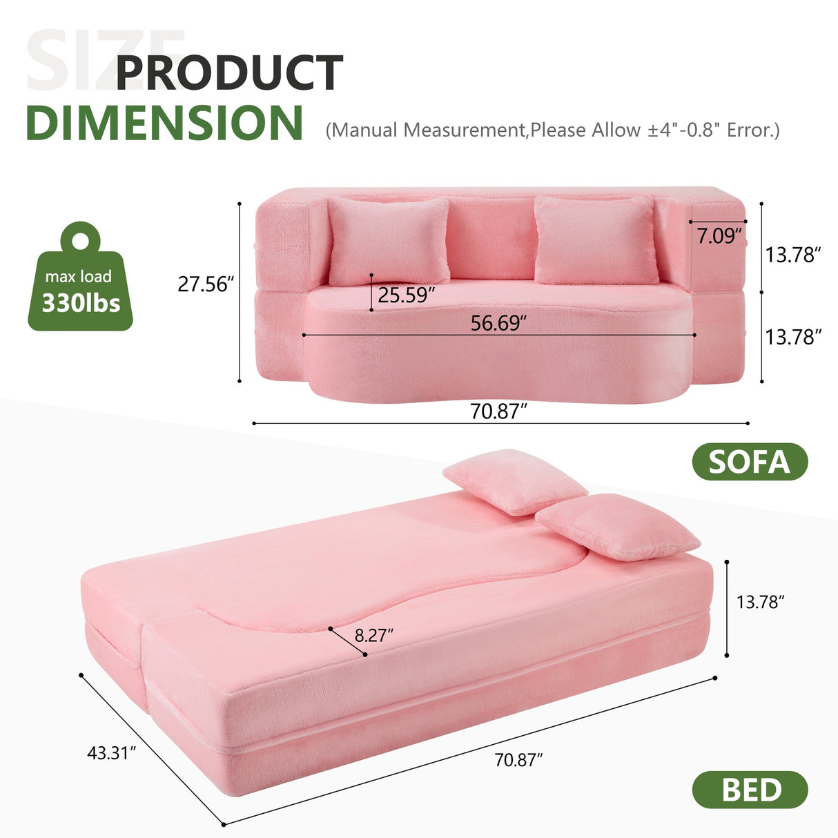 71-Inch Folding Sofa Bed in Pink Chenille with High-Density Foam