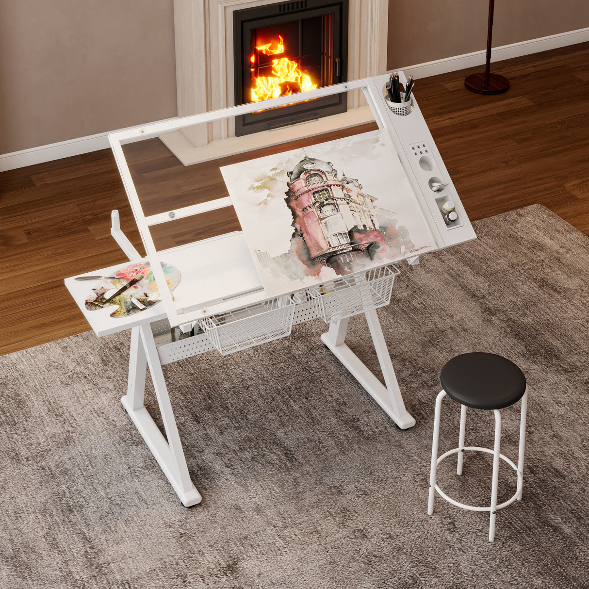 Hand Crank Adjustable Tempered Glass Drafting Table with Chair