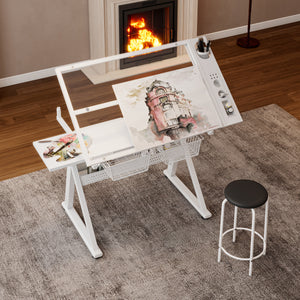 Hand Crank Adjustable Tempered Glass Drafting Table with Chair