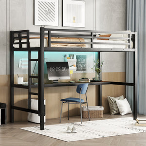 Metal Twin XL Size Loft Bed with Power Outlet and LED Light